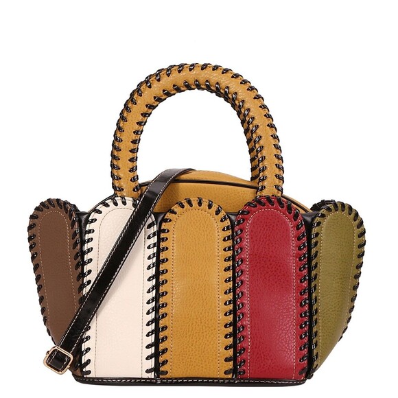 Womens Patchwork Color Block Yellow Handbag Purse Top Handle Bag Stitching - Picture 1 of 3